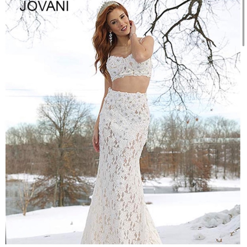 JOVANI white 2 piece rhinestone and lace dress